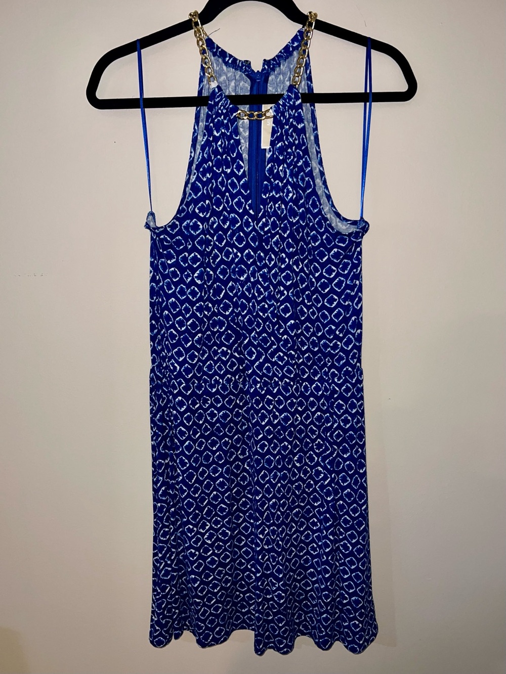 Michael Kors Blue Printed Halter Dress with Gold Chain Detail